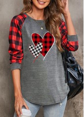 Plaid Round Neck Grey Long Sleeve T Shirt