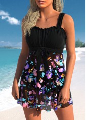 Floral Print Bowknot Black Swimdress Top-No Bottom