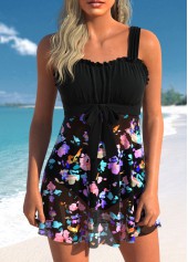Floral Print Bowknot Black Swimdress Top-No Bottom
