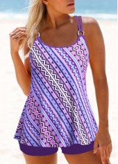 Geometric Print Metal Ring Purple Tankini Top-No Bottom