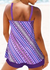 Geometric Print Metal Ring Purple Tankini Top-No Bottom