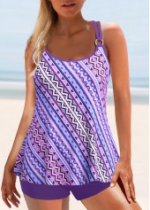 Geometric Print Metal Ring Purple Tankini Top-No Bottom