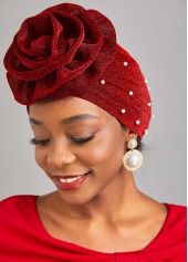 Pearl Wine Red Flower Desin Turban Hat