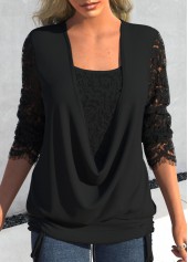 Lace Square Neck Long Sleeve Black T Shirt