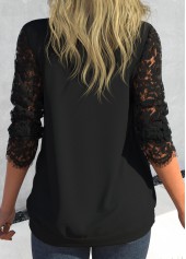Lace Square Neck Long Sleeve Black T Shirt