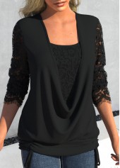 Lace Square Neck Long Sleeve Black T Shirt