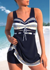 Cross Strap Striped Bowknot Navy Swimdress Top-No Bottom