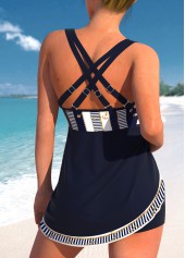 Cross Strap Striped Bowknot Navy Swimdress Top-No Bottom