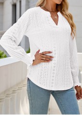 Breathable Split Neck White Long Sleeve Blouse