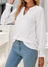 Breathable Split Neck White Long Sleeve Blouse