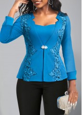 Blue Embroidery Peacock Square Neck Long Sleeve Blouse