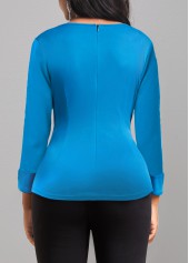 Blue Embroidery Peacock Square Neck Long Sleeve Blouse