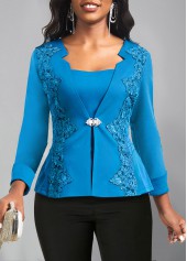 Blue Embroidery Peacock Square Neck Long Sleeve Blouse