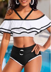 Mid Waisted Contrast Binding White Bikini Set