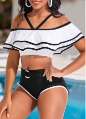 Mid Waisted Contrast Binding White Bikini Set