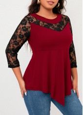 Wine Red Plus Size Lace T Shirt