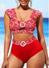 High Waisted Red Floral Print Bikini Bottom