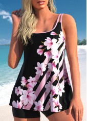 Floral Print Contrast Binding Pink Tankini Set