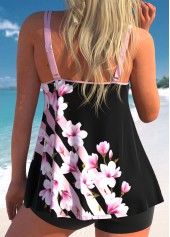 Floral Print Contrast Binding Pink Tankini Set