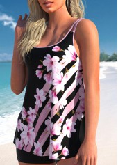 Floral Print Contrast Binding Pink Tankini Set