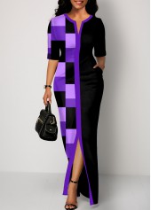 Geometric Print Split Purple Maxi Dress