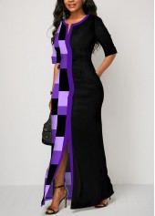 Geometric Print Split Purple Maxi Dress