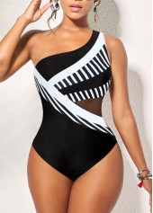 Striped Patchwork Black One Piece Swimwear
