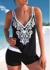 Double Straps Tribal Print Black Tankini Top-No Bottom