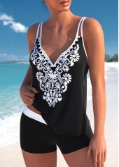 Double Straps Tribal Print Black Tankini Top-No Bottom