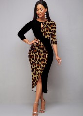 Leopard Patchwork Multi Color Round Neck Bodycon Dress