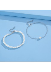 Pearl Design Layered Silver Round Anklet Set