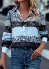 Light Blue Button Shirt Collar Long Sleeve Blouse