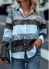 Light Blue Button Shirt Collar Long Sleeve Blouse