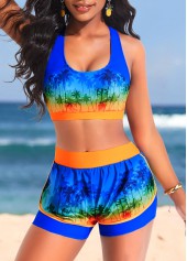 High Waisted Layered Blue Tropical Print Bikini Set