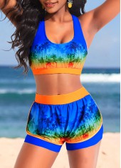 High Waisted Layered Blue Tropical Print Bikini Set
