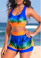 High Waisted Layered Blue Tropical Print Bikini Set