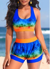 High Waisted Layered Blue Tropical Print Bikini Set