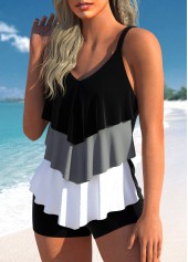 Contrast Handkerchief Hem Black Tankini Set
