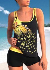 Sunflower Print Contrast Binding Yellow Tankini Set