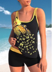 Sunflower Print Contrast Binding Yellow Tankini Set