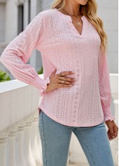 Breathable Split Neck Light Pink Long Sleeve Blouse