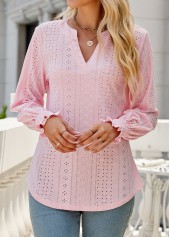 Breathable Split Neck Light Pink Long Sleeve Blouse