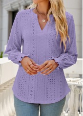 Breathable Split Neck Neon Violet Long Sleeve Blouse