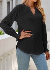 Breathable Split Neck Black Long Sleeve Blouse