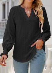 Breathable Split Neck Black Long Sleeve Blouse