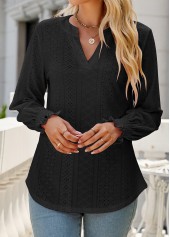 Breathable Split Neck Black Long Sleeve Blouse