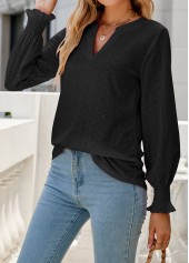 Breathable Split Neck Black Long Sleeve Blouse