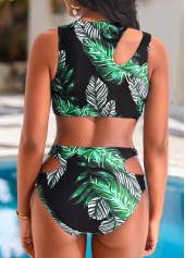 Mid Waisted Leaf Print Cut Out Black Bikini Set