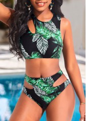 Mid Waisted Leaf Print Cut Out Black Bikini Set
