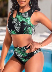 Mid Waisted Leaf Print Cut Out Black Bikini Set